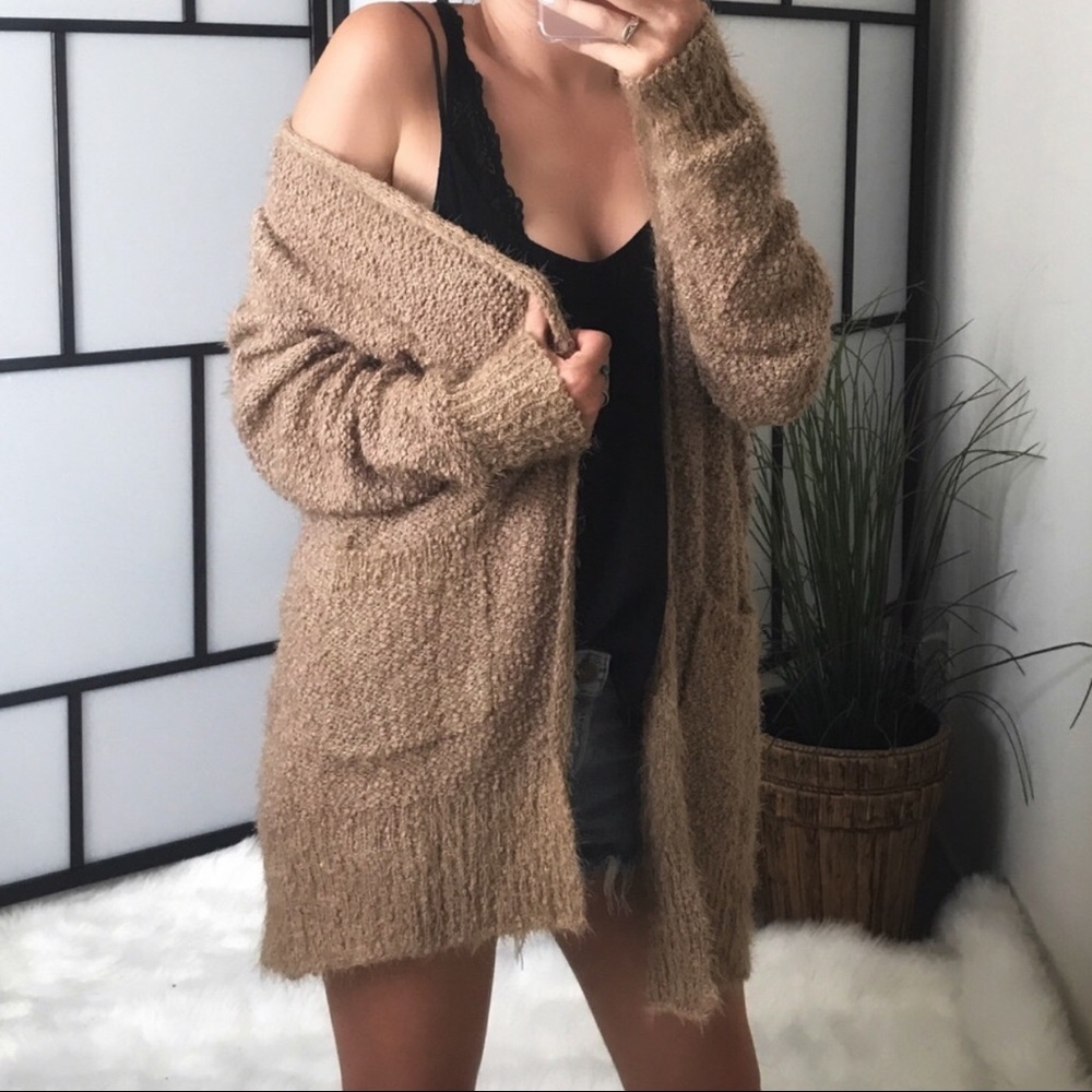 Tan Soft Popcorn Open Knit Cardigan - Picture 2 of 6